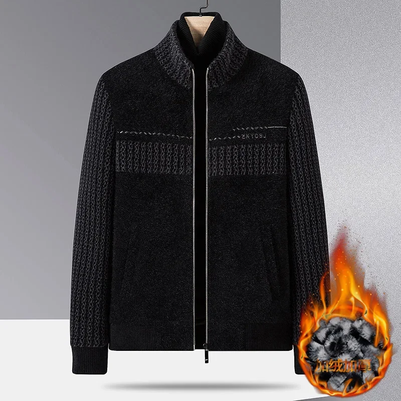 2023 Winter Thickened Woolen Jackets Men Fashion Stand Collar Splicing Trench Coat Golden mink velvet casual business overcoat