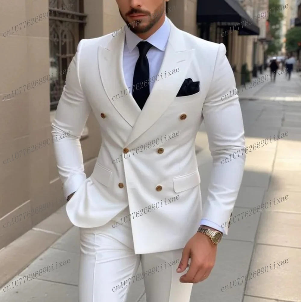 High Quality Formal Occasion White Men Suit Groomsman Groom Wedding Party Business Prom Male Tuxedos 2 Piece Set Blazer Pants