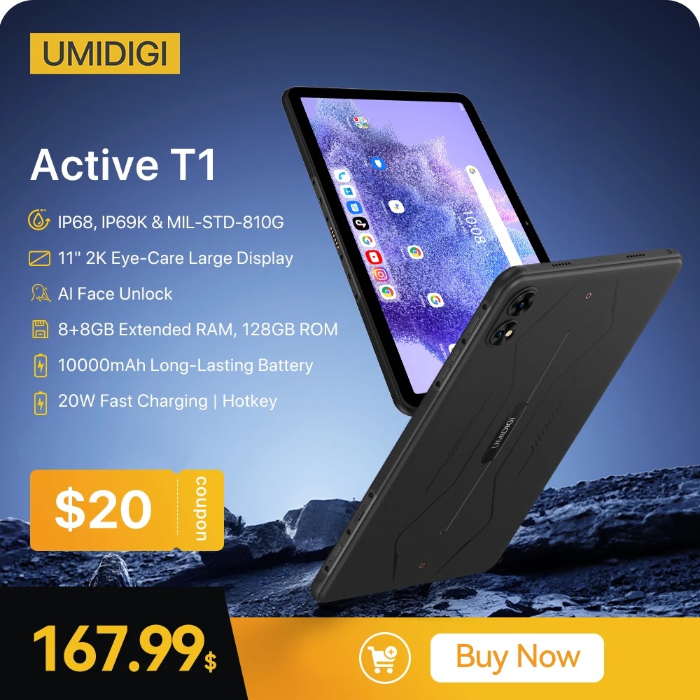 [World Premiere]UMIDIGI Active T1 Smart tablet 11" 2K HD Android 13 Unisoc T616 8GB 128GB 10000mAh Mega Battery Rugged tabl
