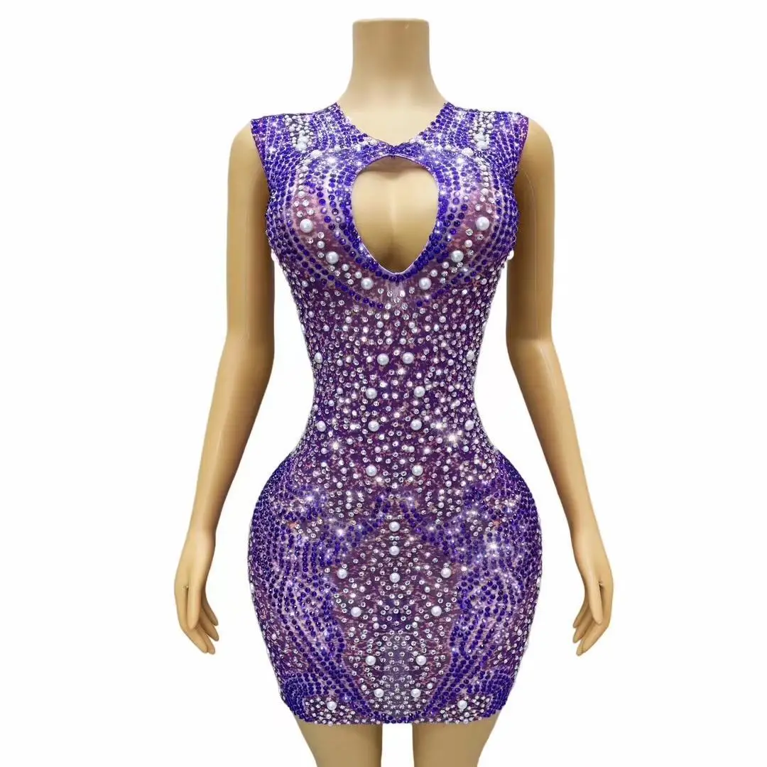 Lady Diamond Wedding Party Dress Hollow Out Elegant Purple Show Dress Women Luxury Birthday Club Prom Gowns Evening Dress Yuhua