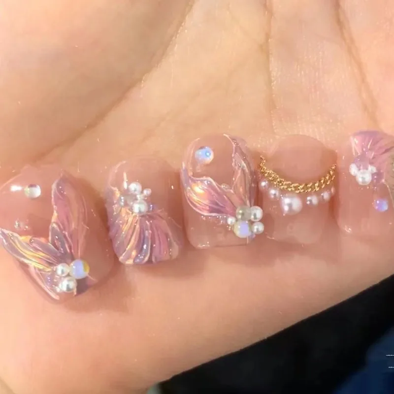 10pcs Handmade Mermaid Tails Press on Nails Full Set with Charms Kawaii Short False Nail with Glue Fake Nails for Girls Square