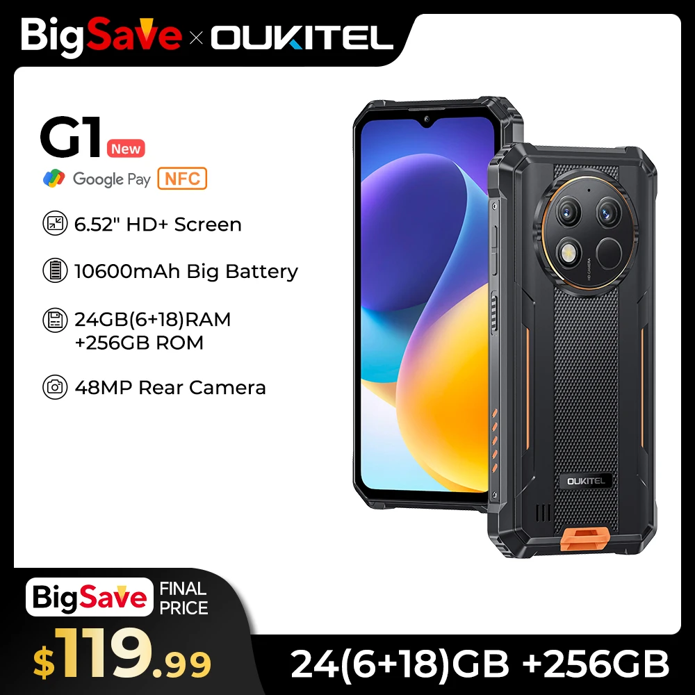 OUKITEL G1 Rugged Phone - 10600mAh, 24(6+18)GB+256GB, 6.52" Display, IP68 Waterproof, NFC Smartphone, Android 14,48MP Camer