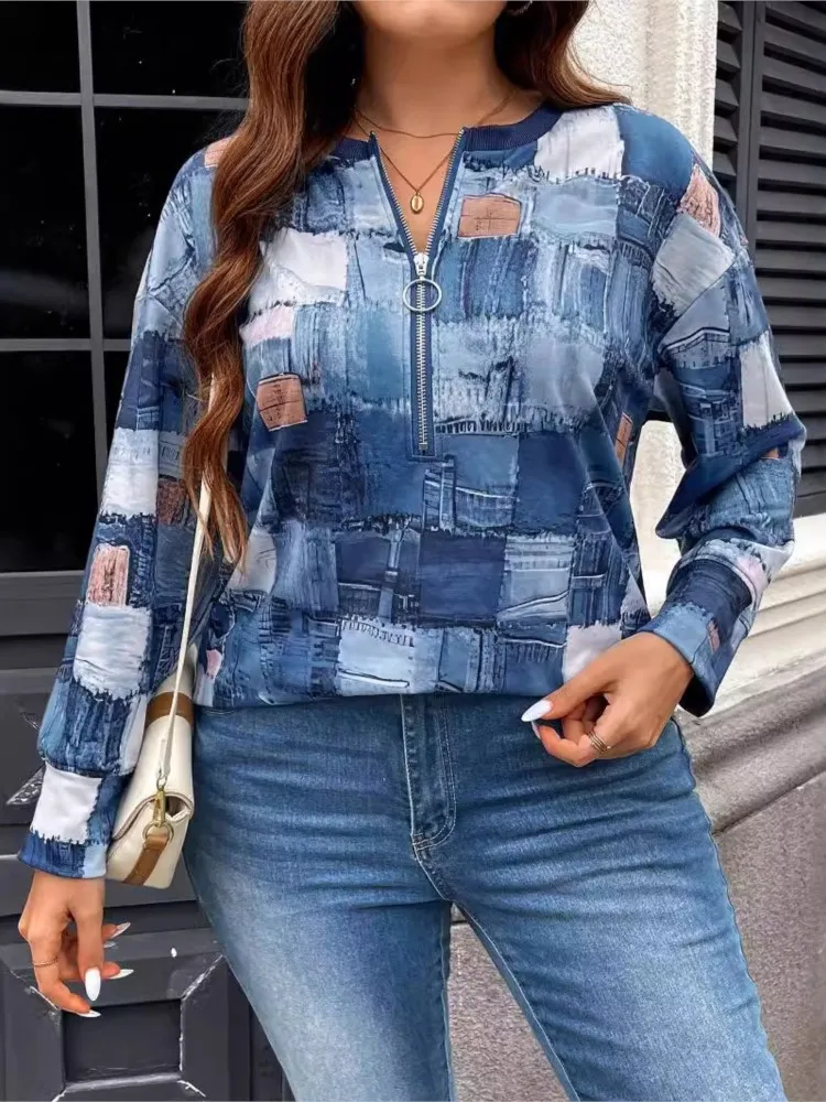 Plus Size Autumn Pullover Tops Women Geometric Print Irregular Fashion Ladies Blouses Long Sleeve Casual Loose Woman Tops