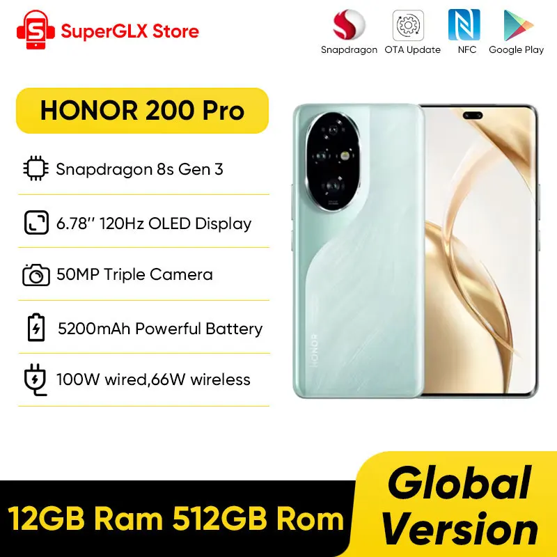 2024 Global Version HONOR 200 Pro Snapdragon 8s Gen 3 5G Smartphone 6.78'' 120Hz AMOLED Display Support HONOR 100W Sup