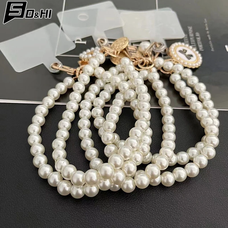 Short Pearl Lanyard Fashion Rhinestone Pendant Pendant Mobile Phone Lanyard Hand-woven Wrist Strap Back Csae Anti-lost Lanyard