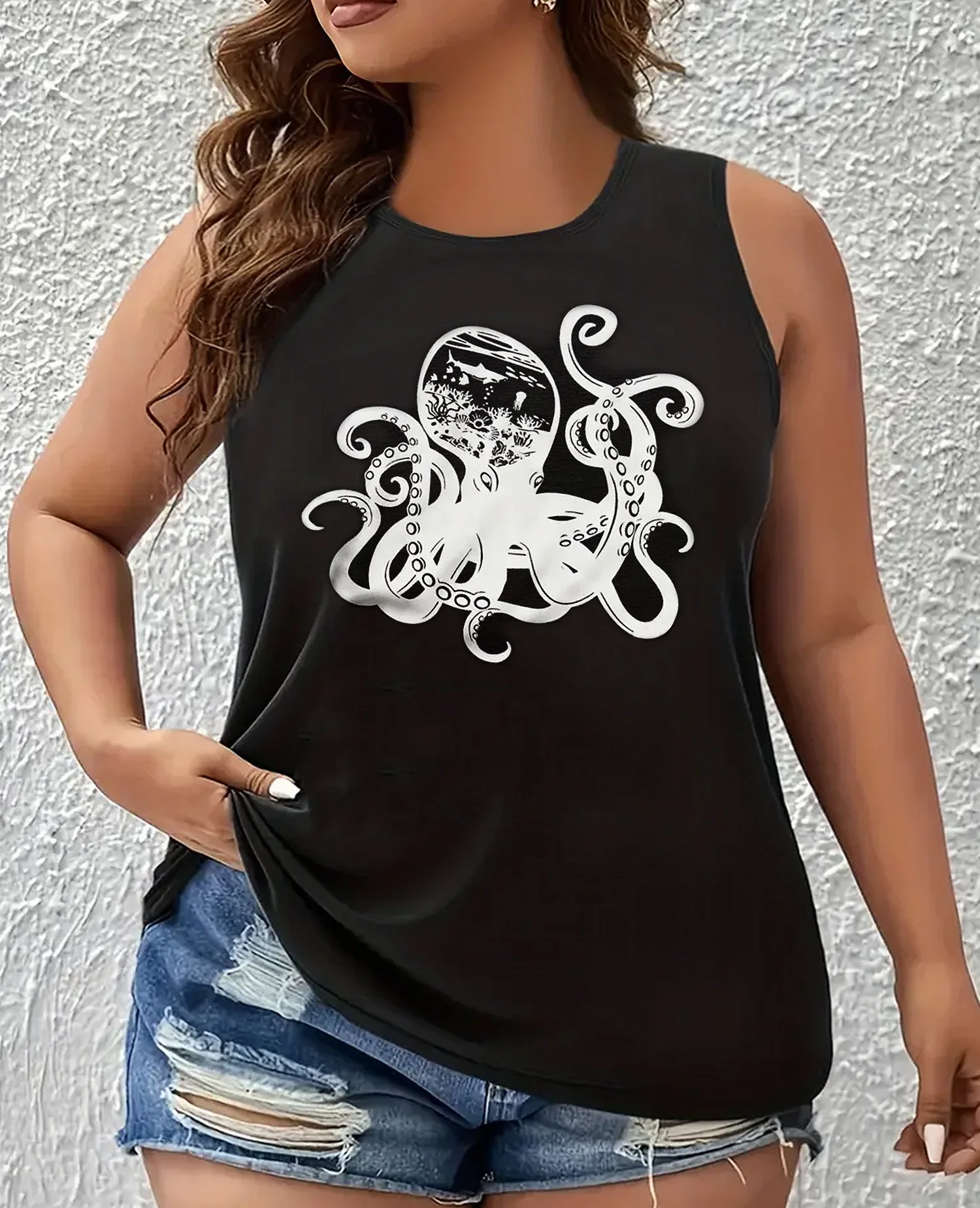 Plus Size Women's Graphic Vest Octopus Print Loose Round Neck Summer Sleeveless Tops Street Black Oversize Tank Tops 3XL 4X