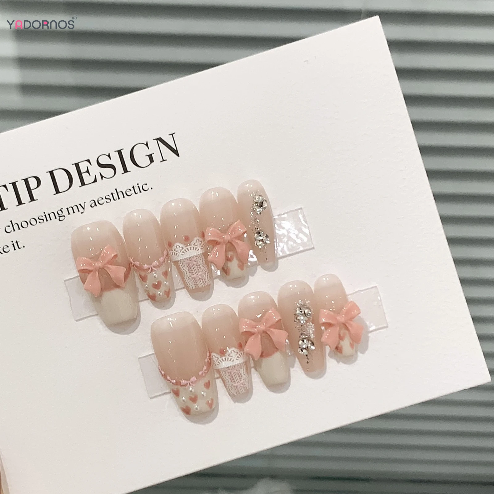Nude Color Press on Nails 3D Pink Bowknot Designs Handmade French Style Fake Nails Glossy Diamond Decor Korean Fashion Nails Art