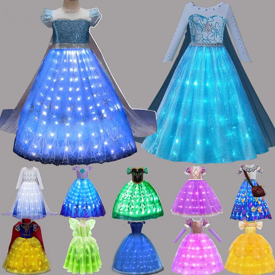 Girl Light Up Disney Frozen Costume Princess Elsa Party Dress LED Belle Rapunzel Ball Gown Halloween Tinker Bell Ecanto Clothing