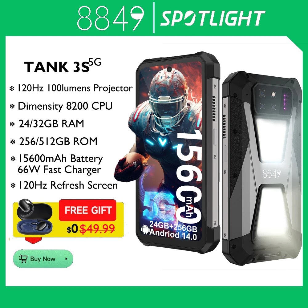 8849 Tank 3S Rugged Smartphone with Projector 24GB RAM 256GB ROM Dimensity 8200 5G 50MP Main Camrea 64MP Night Vision Dual Sim