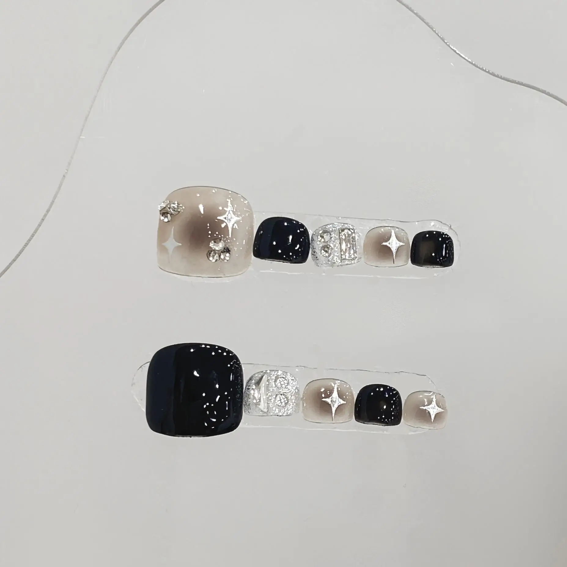 10pcs Glossy Square Fake Toenails Handmade Black Star Toe Nail Press Ons With Glitter Shiny Diamond Design Cool False Footnails