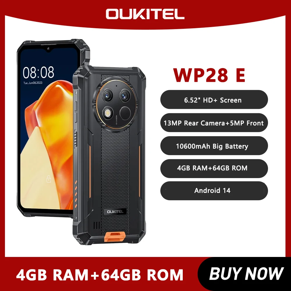 Oukitel WP28 E Rugged smartphone 6.52‘' HD 10600mAh 4GB RAM+64GB ROM Android14 13MP Camera cellphone