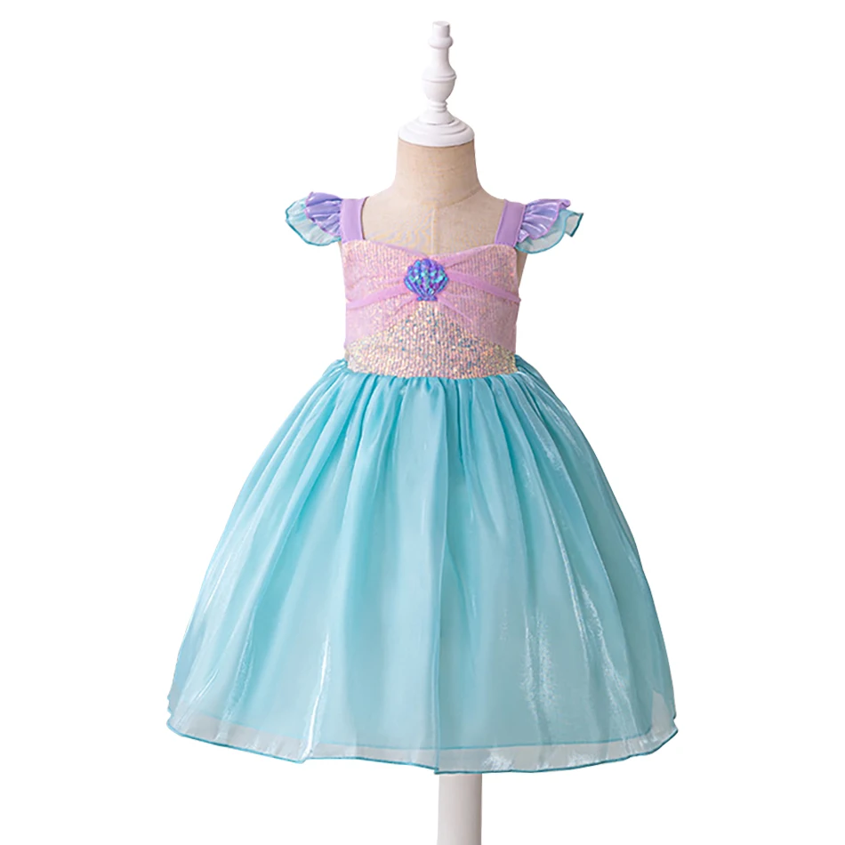 Girls Summer Mermaid Cosplay Dress with Elegant Ruffle Sleeves and Color Blocked Detail Stylish Option for Your Little Princess