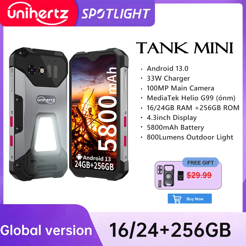 Unihertz Tank Mini Rugged 8849 Smartphone 4.3 Inch Small Cell Phone 16GB/24GB+256GB Android 13 5800mAh 100MP Cameras IP68 Phone