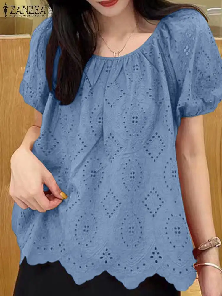 ZANZEA Hollow Out Embroidery Lace Patchwork Blusas O Neck Elegant Casual Short Puff Sleeve Tops Women Korean Fashion Blouses