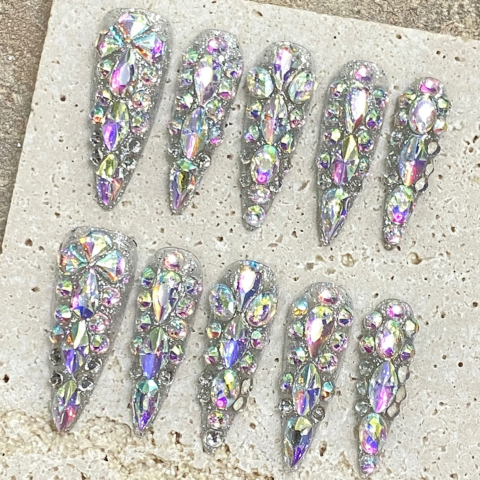 10pcs Handmade Press On Nails Long Stiletto False Nails Massive Glossy Rhinestone Decor Full Cover Ballerina Wearable Manicure