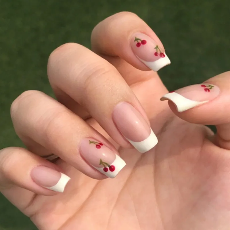24pcs White French Square Red Cherry Medium Press on Nails Art with Charms Acyrlic Fake Nails Short Cute False Stick-on Nails