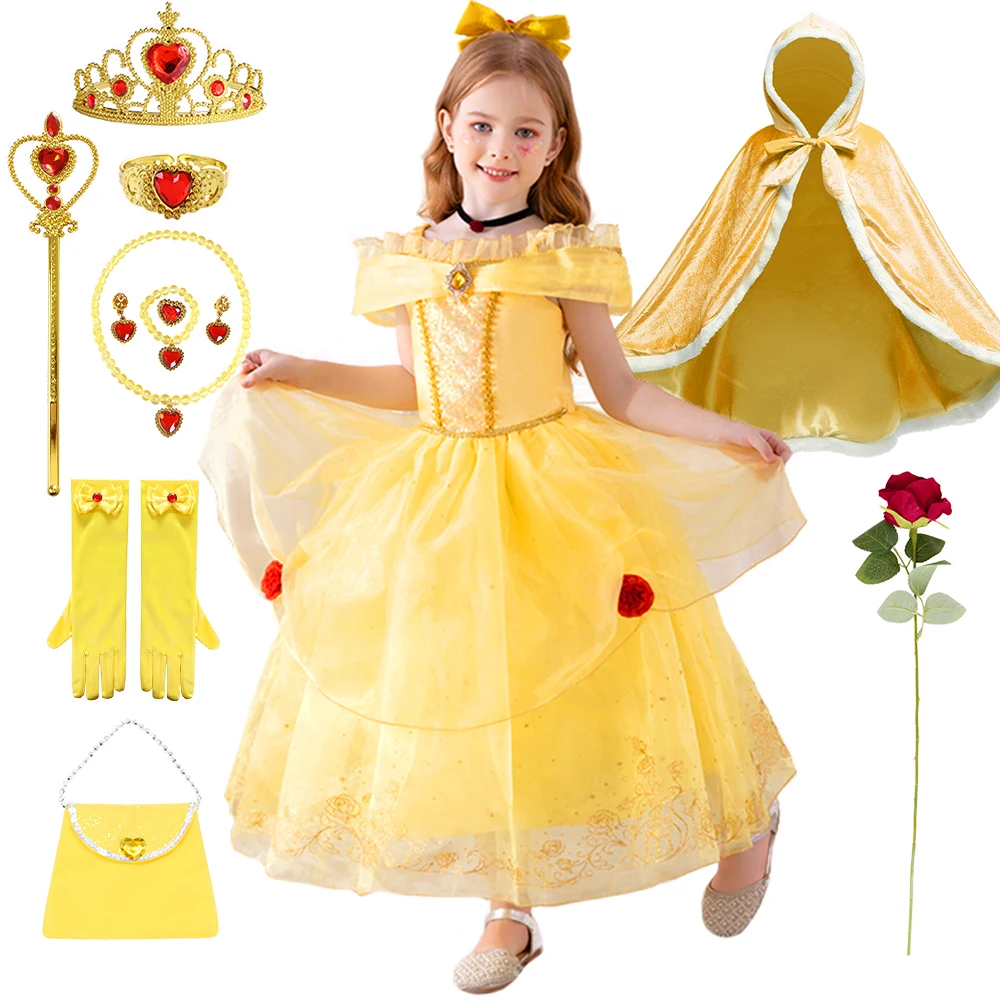 Movies Character Beauty and the Beast Halloween Princess Cosplay Costume Party Belle Dress Up Elegant Yellow Pageant Prom Gowns