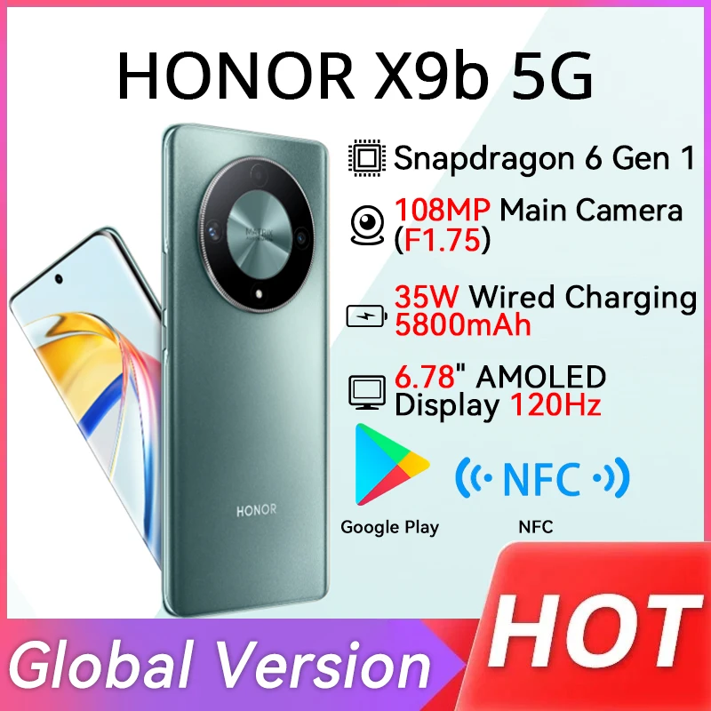 Global Version HONOR X9b Mobile Phone Snapdragon 6 Gen1 6.78" Anti-Drop 108MP Camera 120Hz AMOLED Display Super Durable Bat