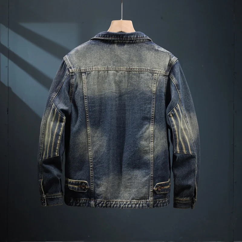 2024 New Fall Denim jacket men's fashion lapel loose retro multi-pocket washed nostalgic casual street clothes