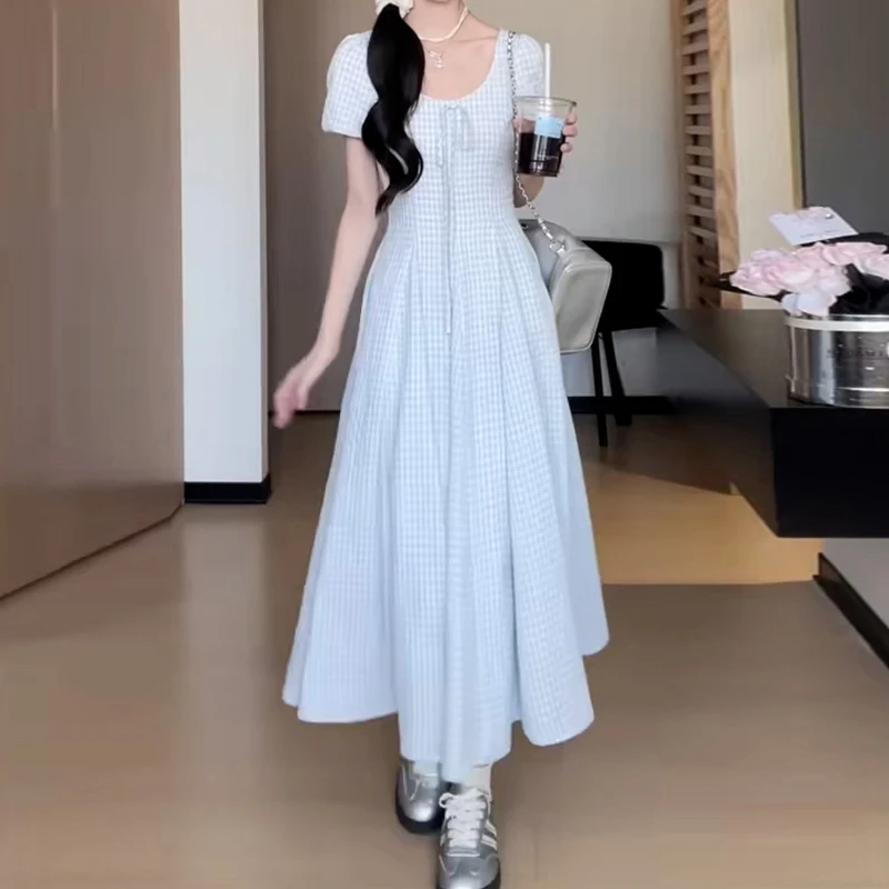 Women Plaid Long Dresses Summer Female O Neck Puff Short Sleeve Large Size 2XL Elegant A Line Loose Blue Polyester Party Vestido