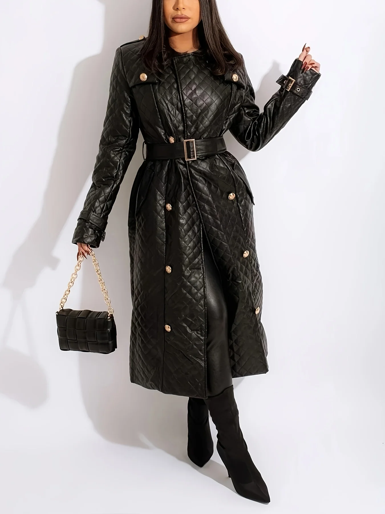Plus Size Women's Trench Coats Autumn Spring Black Streetwear Leather Jackets Elegant Office Lady Slim Warm Long Coat With 