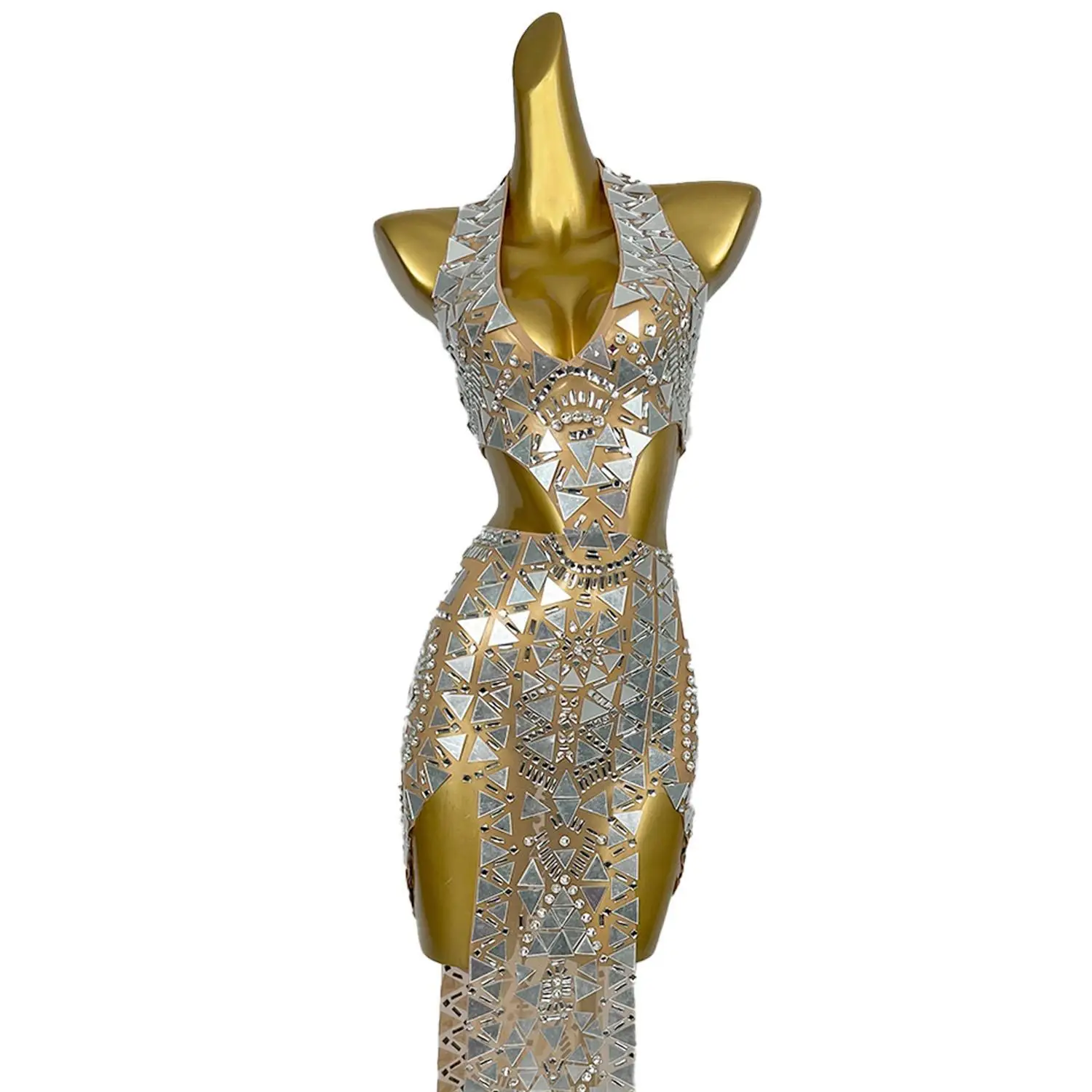 Shining Silver Mirrors Stone Dress Female Bright Prom Gowns Costume One-piece Nightclub Dress Outfit Party Dresses Huadiandian