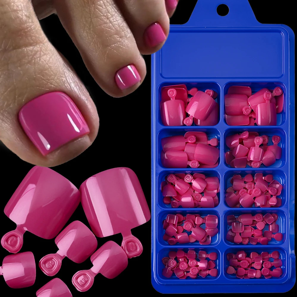 100Pcs/Box Glossy Short Square Press On Toenails Rose Red Fake Toe Nails Solid Glue On Nails Full Cover False Toenails For Girls