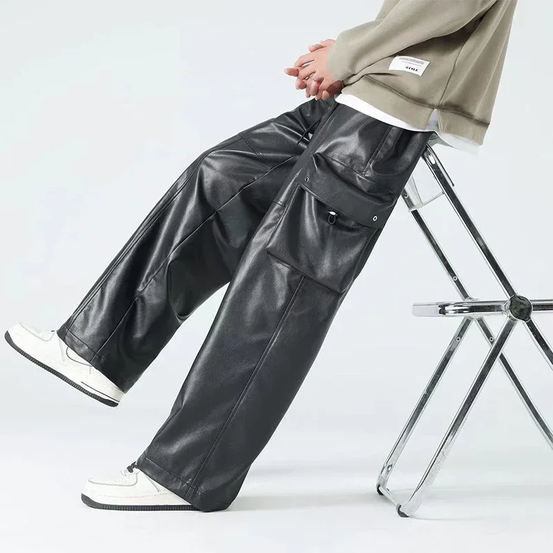 Men's Black Matte Leather Straight Pants Pocket Street Casual PU Cargo Pants Male Loose Wide Leg Pants Clubwear Trousers Cu