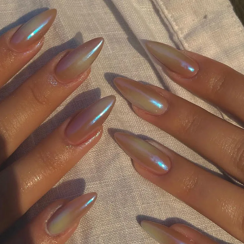 24pcs Almond Colorful Aurora Summer Long Stiletto Press on Acyrlic Nails Girl Artificial Wear Nail with Tools Simple False Nails