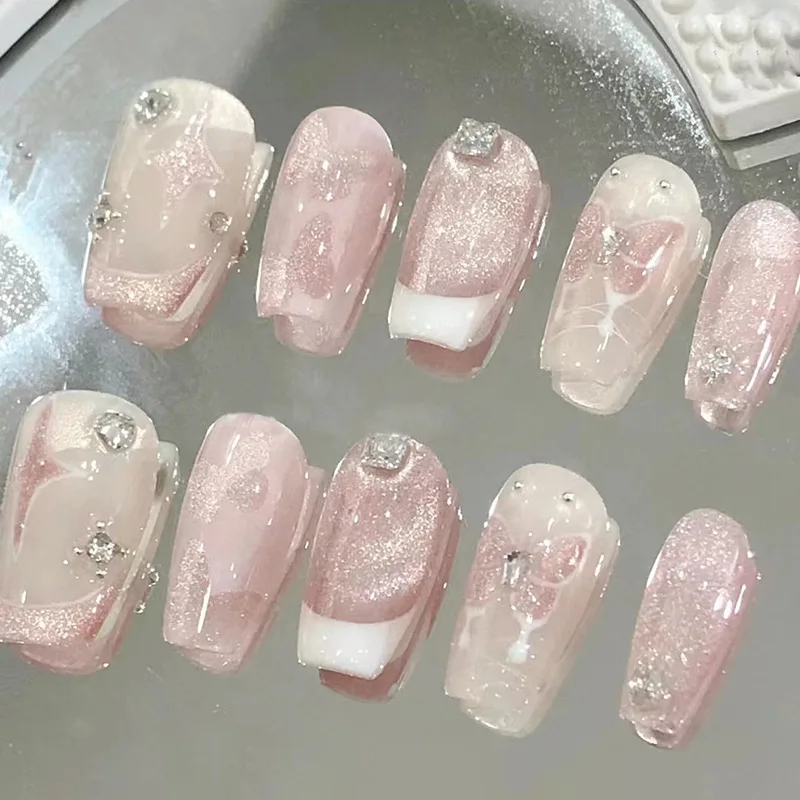 24pcs French Cat's Eye Butterfly Cute Removable Press on Nails Glossy Summer Medium Long Korean Sweet Acyrlic False Nails S