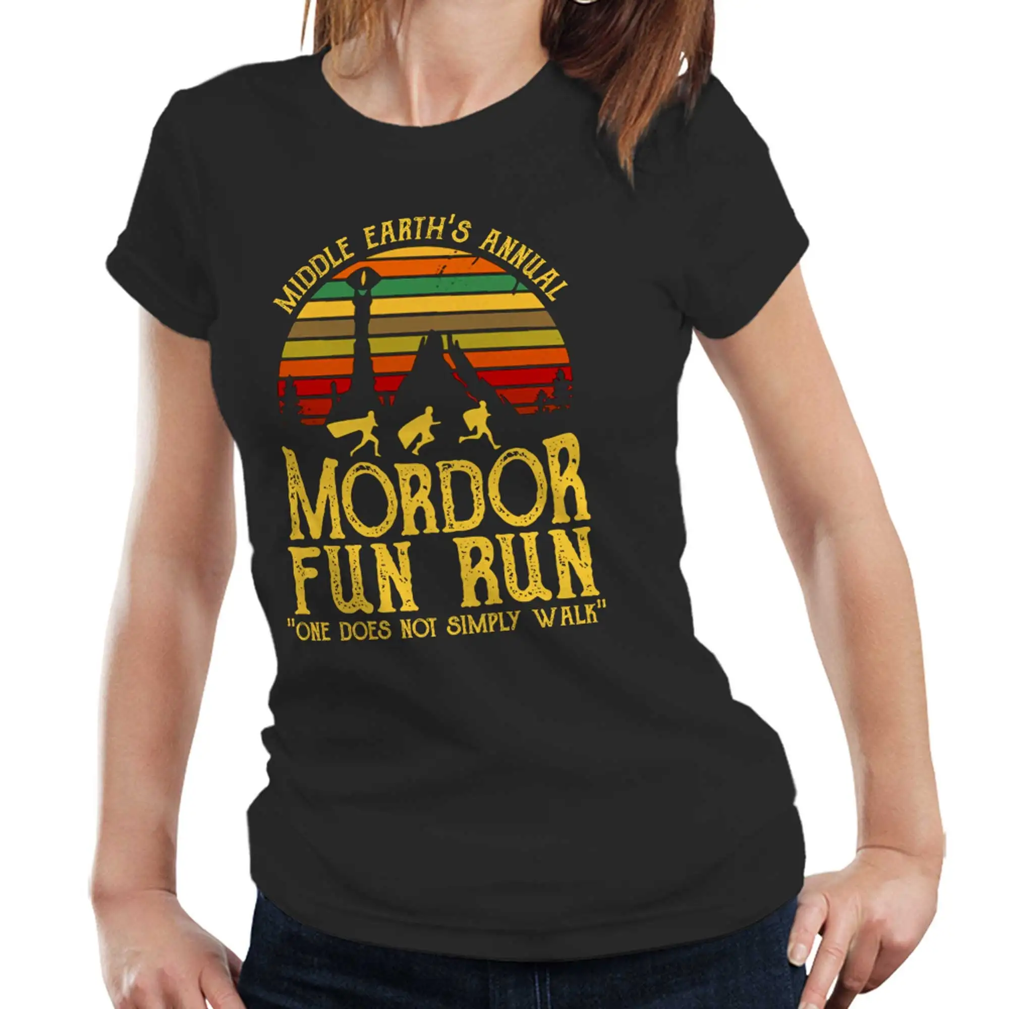 Mordor Fun Run Fitted Ladies T Shirt LOTR Middle Earth Parody Shaped Side Seams Classic Fit 100 Cotton