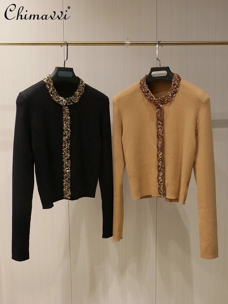 French Beaded Gold Sequin Neck Long Sleeve Knitted Cardigan Top Women's 2024 Autumn New Slim-fit Temperament Ladies Sweater