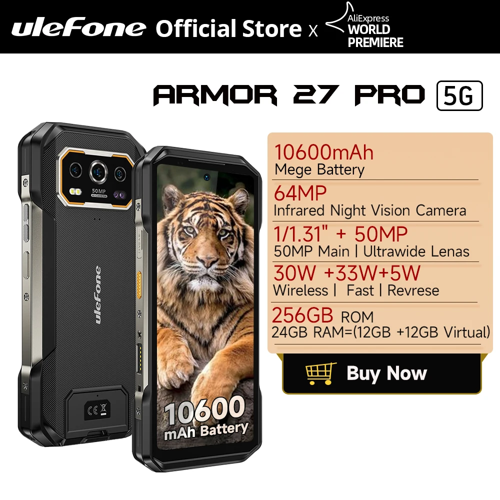 Ulefone Armor 27 Pro 5G 10600mAh Smartphone 50MP Camera 64MP Night Android 14 Rugged Phone Up to 24GB+256GB NFC Waterproof Phone