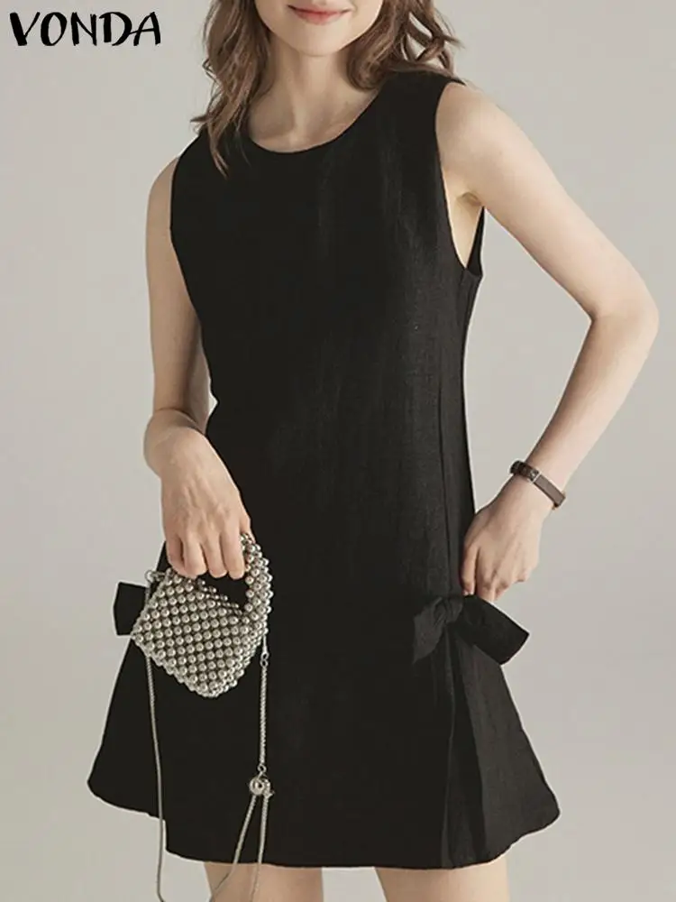 2024 VONDA Elegant Sundress Women Summer Sleeveless Sexy Evening Vestidos Casual Loose Bow Solid Color Short Mini Dress Oversize