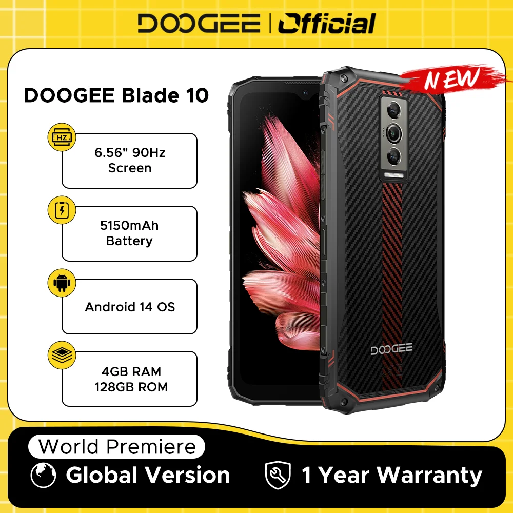 DOOGEE Blade10 Rugged Phone 6.56 Inch 90Hz IPS Display 9GB(4+5) 128GB Octa Core 16MP Main Camera 5150mAh Android 14 Face Unlock