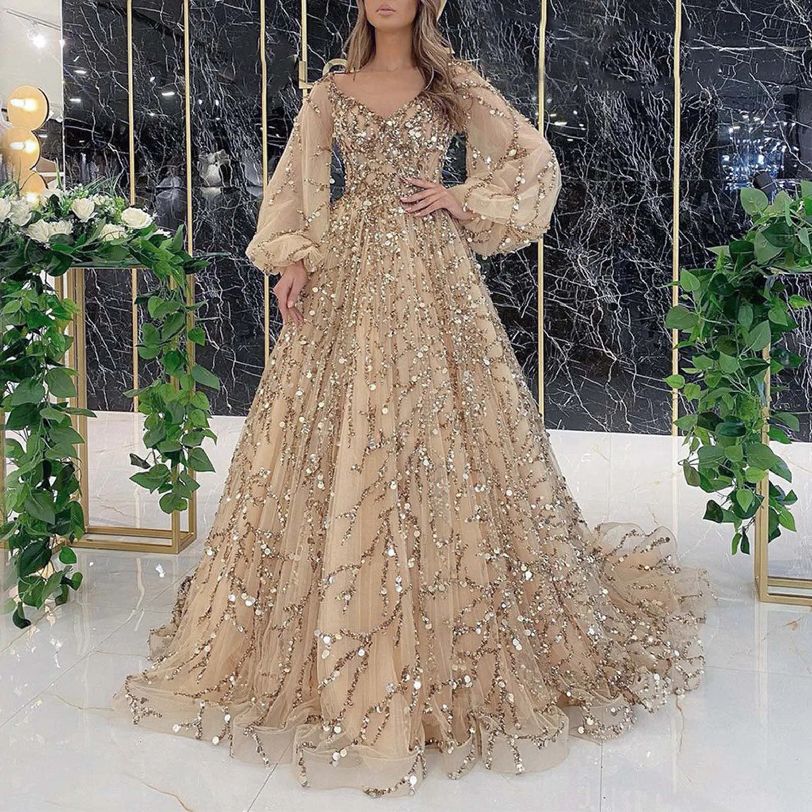 Women's Elegant Cocktail Party Dress Sequins Mesh Evening Dress Long Lantern Sleeve V-Neck Floor Length Luxury Dresses 2024