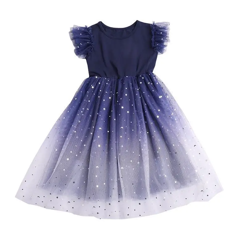 2025 Summer Girls Stars Gradient Short Sleeves Dress Kids Lace Mesh Princess Dress Children Halloween Carnival Party Costume