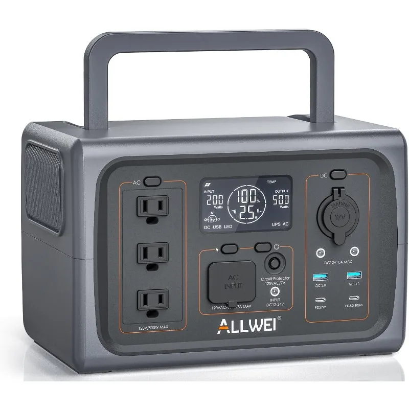 ALLWEI Portable Power Station 500W, 512Wh LiFePO4 Battery, UPS Function, 2.5Hrs Fast Charge, 3 AC Outlets(Surge 1000W)