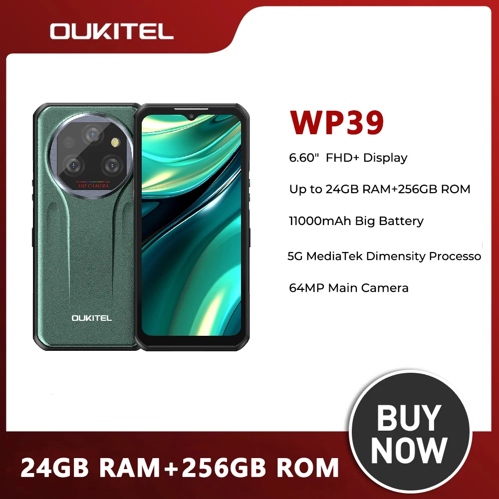 Oukitel wp39 Rugged Smartphone 6.60"FHD+ 5G 24GB（6+18)+256GB 64MP Camera 11000mAh Cell phone Android 14 Global Version