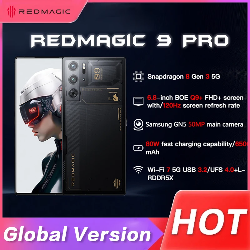 Global Version RedMagic 9 Pro 5G Phone 6.8" Gaming Phone Snapdragon 8 Gen 3 6500mAh Battery 80W Charge 50MP Mobile Phone