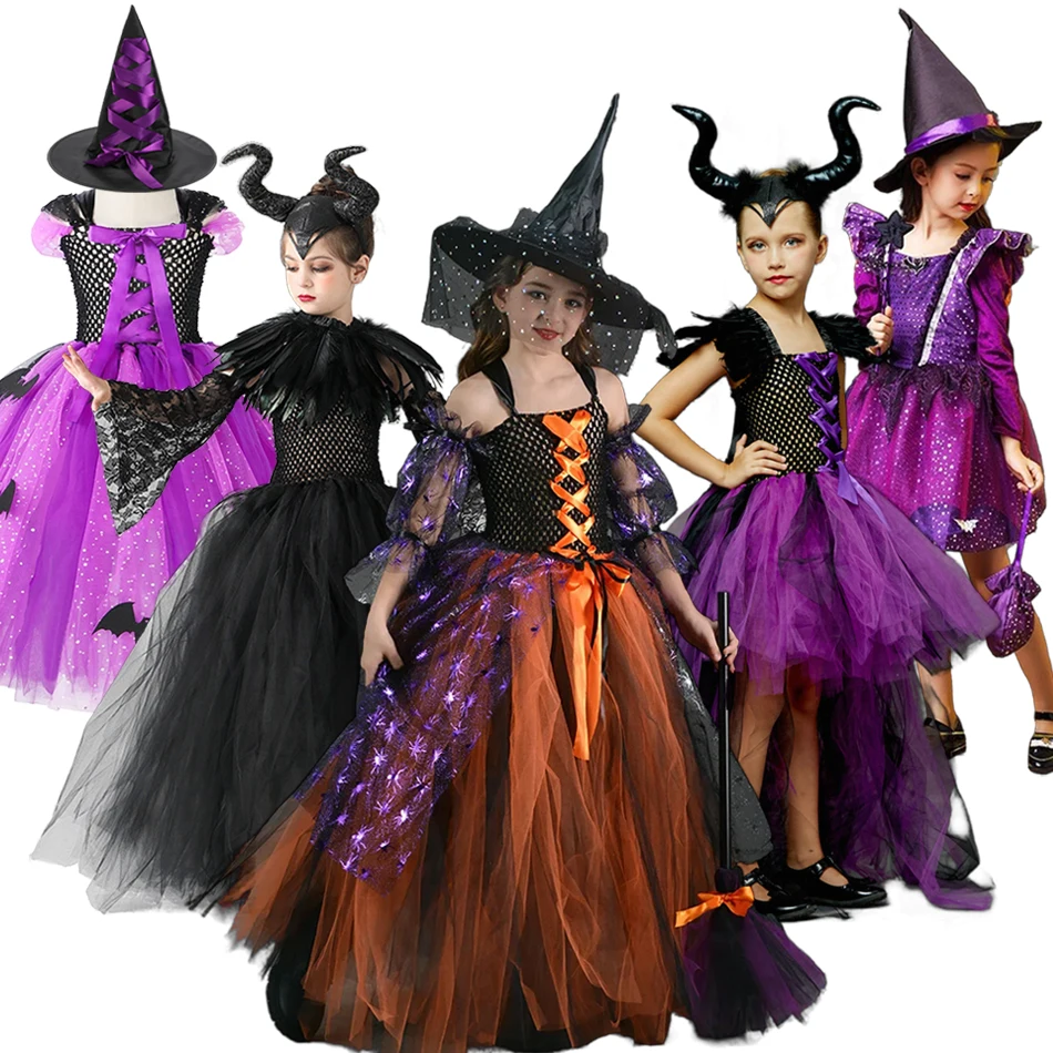 Girl Maleficent Dark Queen Halloween Witch Children Costume Deluxe Vestidos Party Dress Kids Robe Cosplay Clothes
