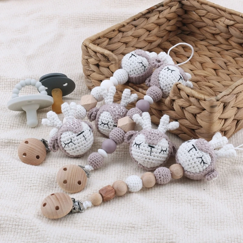 Nursing Clip Teething Bead Crochet Deer Pacifier Clip Anti-Lost Soother Chain Baby Chewing Toy Clothes Decors