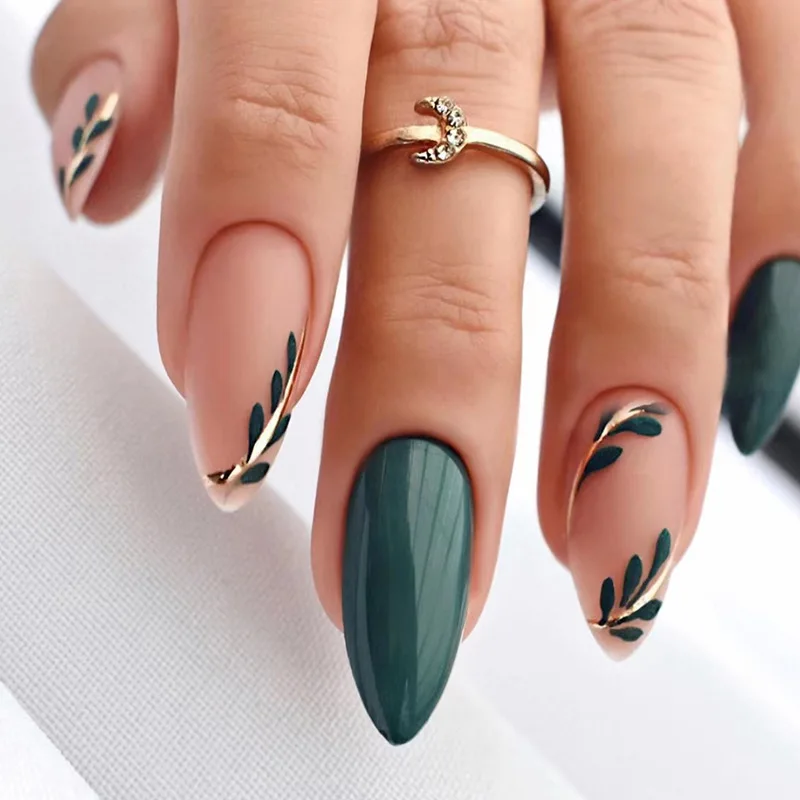 Almond Press on Nails Medium Fake Nails Green False Nails with Leaf Gold line Design Acrylic Glue on Nails Glossy Artificial Tip