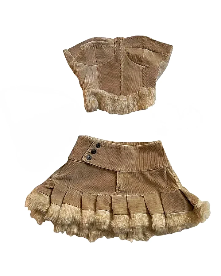 Waffle Fabric Solid Color Raw Edge New Skirt Sets Are Retro Harajuku Two Piece Sets Womens Outfits Fashion Sexy Girl Mini Skirt
