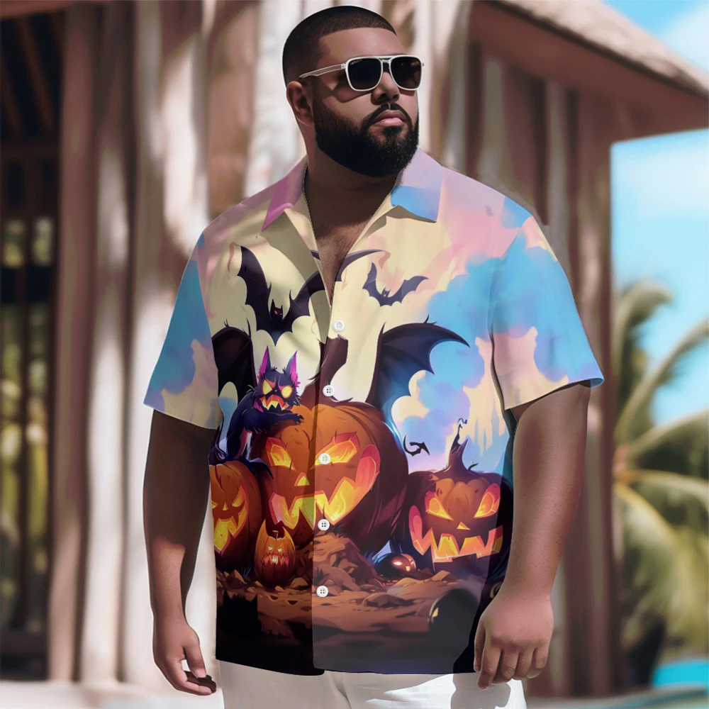 New Hawaiian Shirt Men Goth Men Halloween Pumpkin Black Cat Bat Printed Casual Short Sleeve Tops Vintage Plus Size Summer Shirts