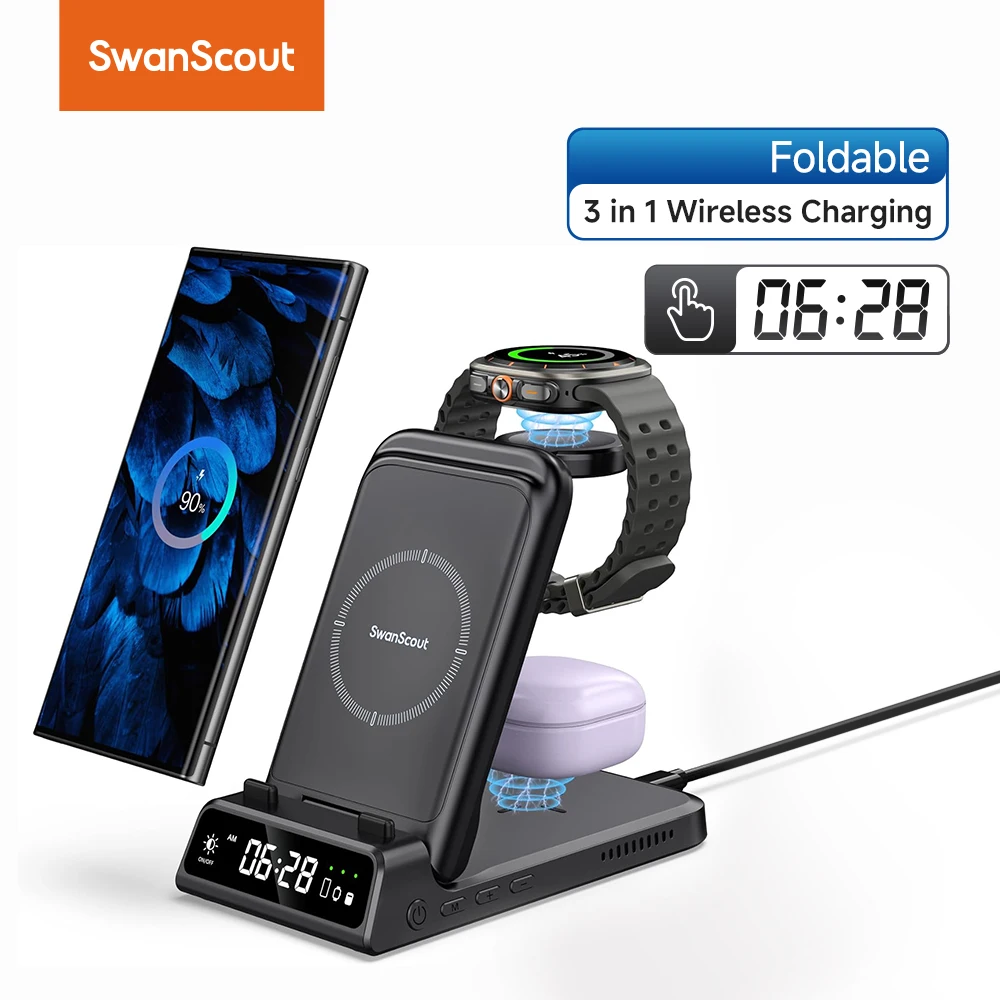 SwanScout 703S Charging Station for Samsung S24+ S23 Z Flip 6 Z Fold 6 Wireless Charger for Galaxy Watch Ultra 7 6 for Buds 2pro