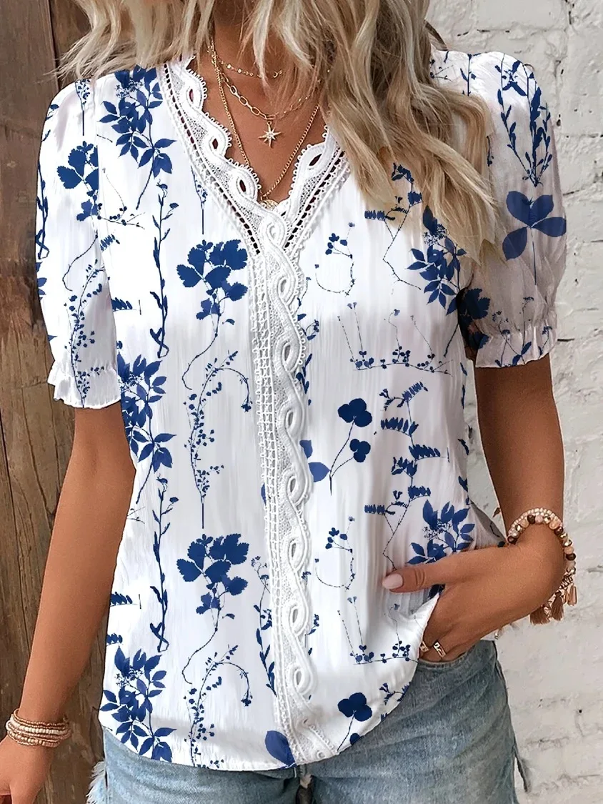 Women's Summer Blouse V-Neck Lace Patchwork Pullover Floral Print Shirt Loose Casual Commuter Fashion Women's Short To
