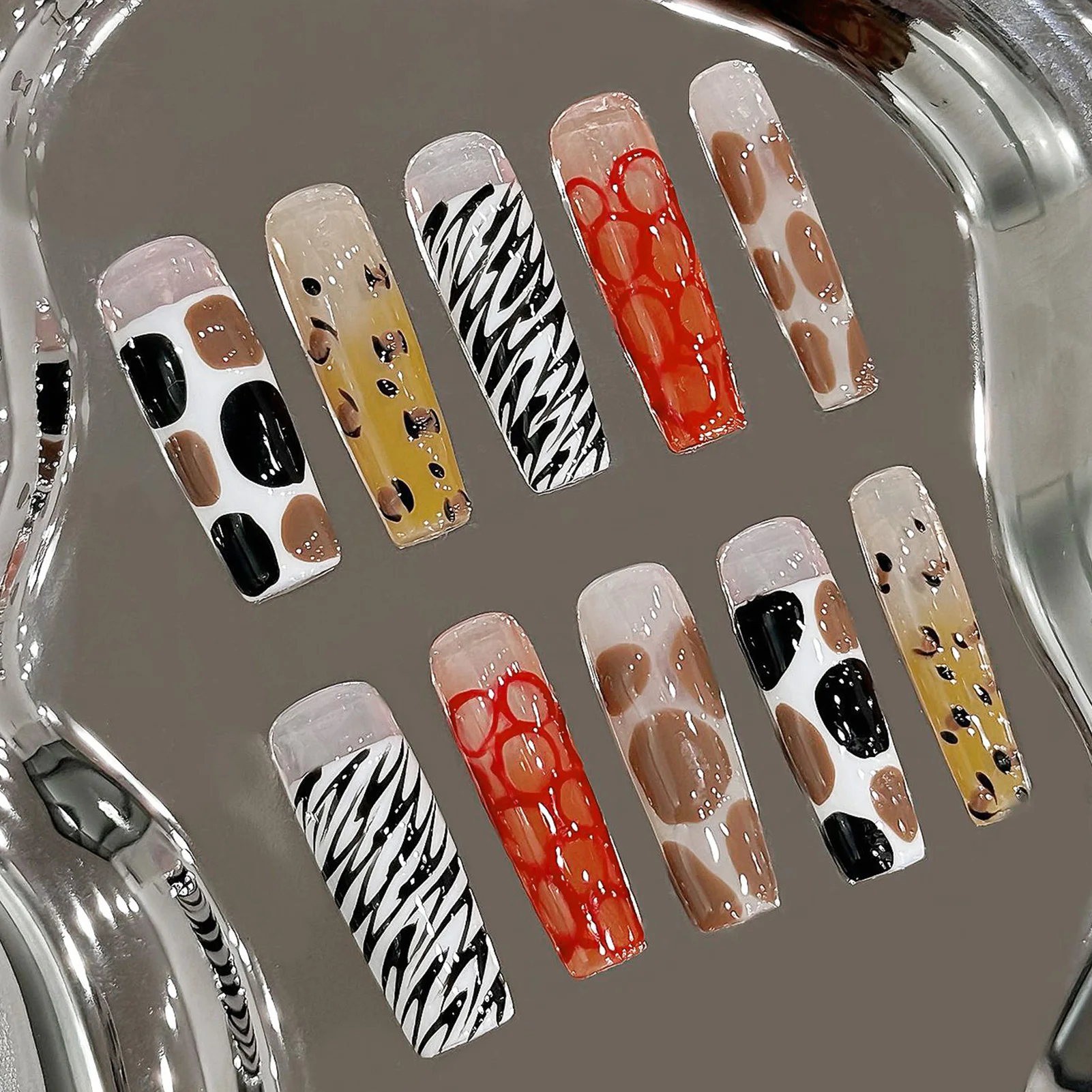 Long Coffin Press On Nails Handmade Leopard Print False Nails Full Cover French Style Ballerina Reusable Manicure Fake Nail Tips