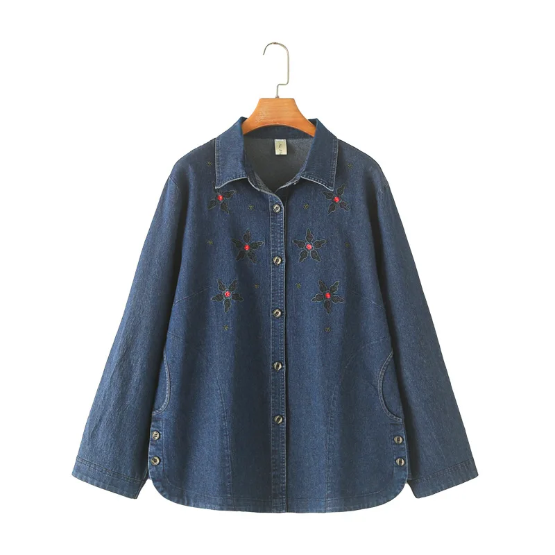 Women's Loose Denim Long Sleeve Shirt, Five-Petal Flower Embroidered Coat, Plus Size, Spring and Autumn, New, 8932