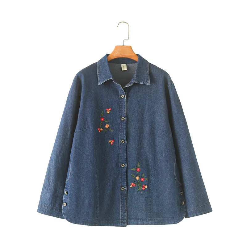 Loose Embroidered Denim Shirt for Women, Long Sleeve Coat, Plus Size, Spring and Autumn, New, 8930